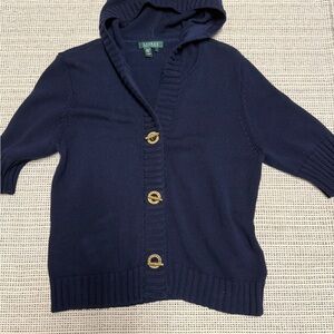 Lauren Ralph Lauren Navy Hooded Cardigan Half  Sleeve Sweater Toggle Button
